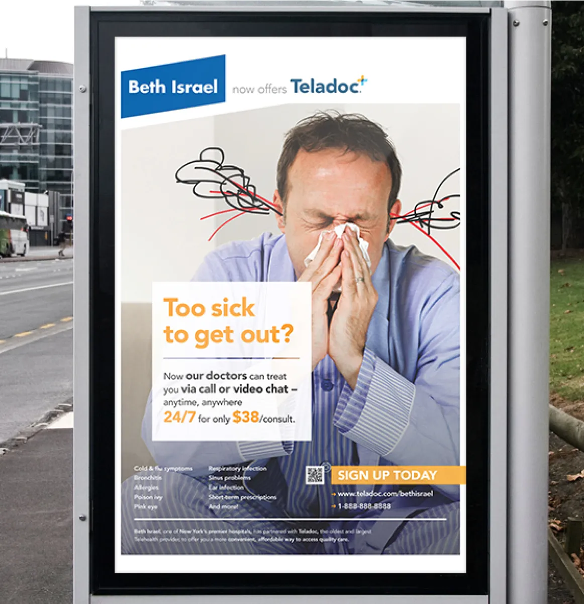 Telehealth outdoor ad showing a man blowing his nose