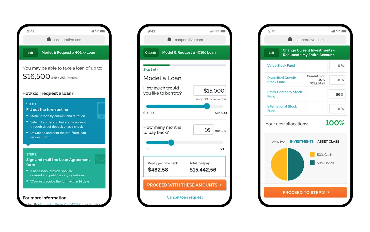 Mobile screens showing a retirement calculator, a 401k loan modeling tool, and 401k allocation changes.