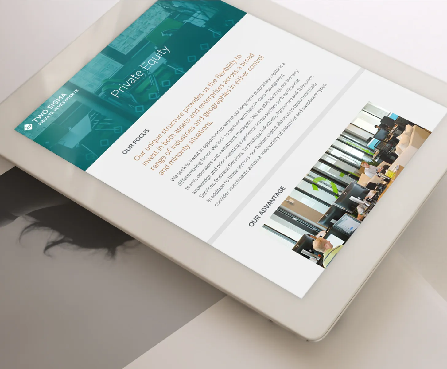 Screen of private equity website