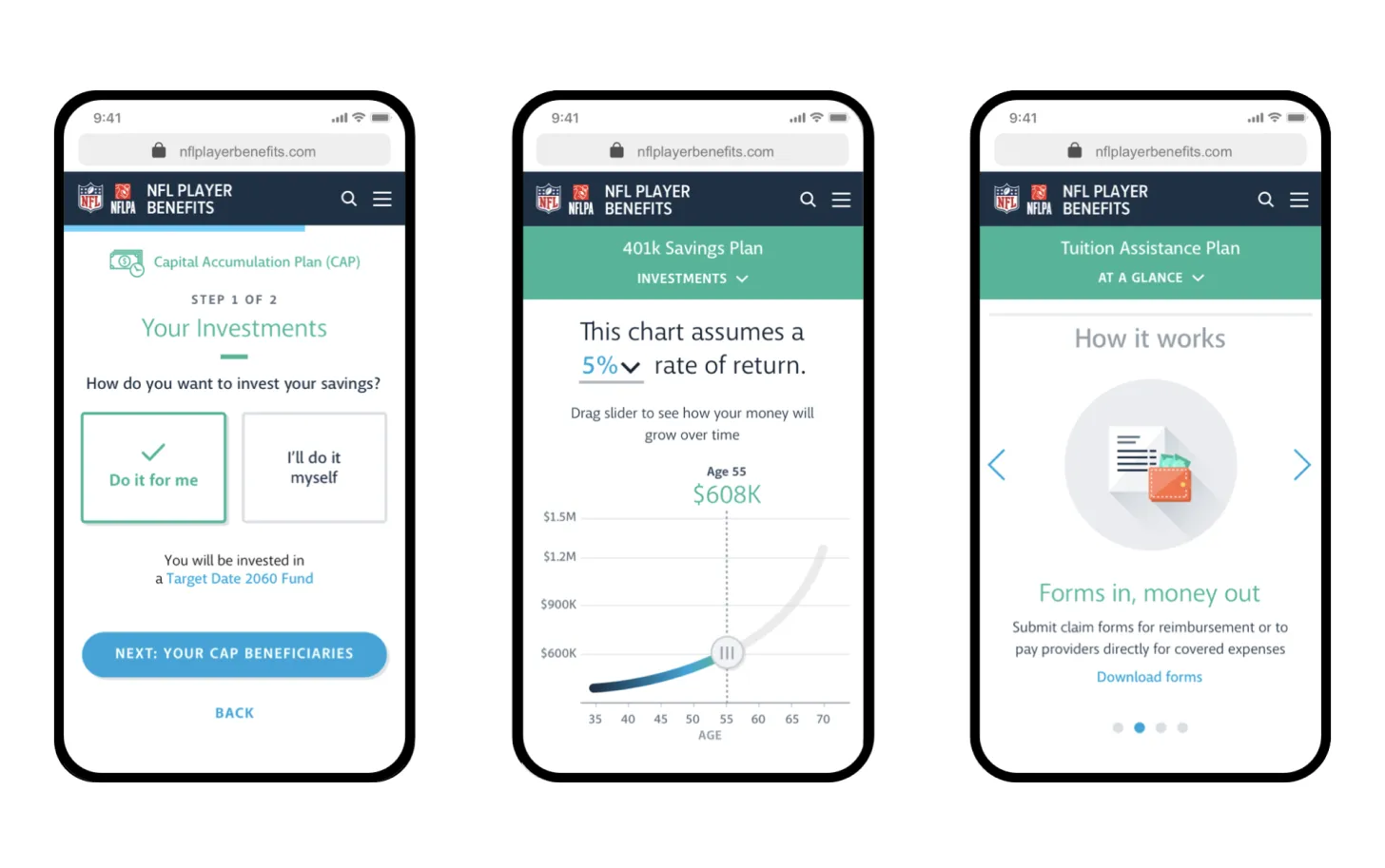 Mobile screens showing a retirement investment calculator, a 401k retirement tool, and financial education content.