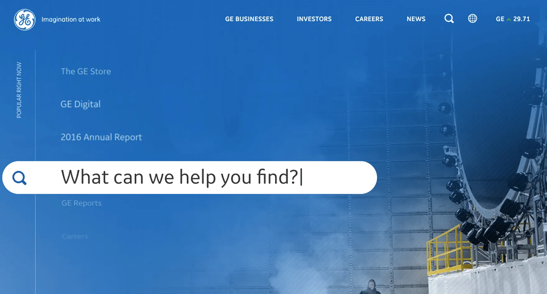 GE’s landing page implements a limited primary nav and prioritizes search.